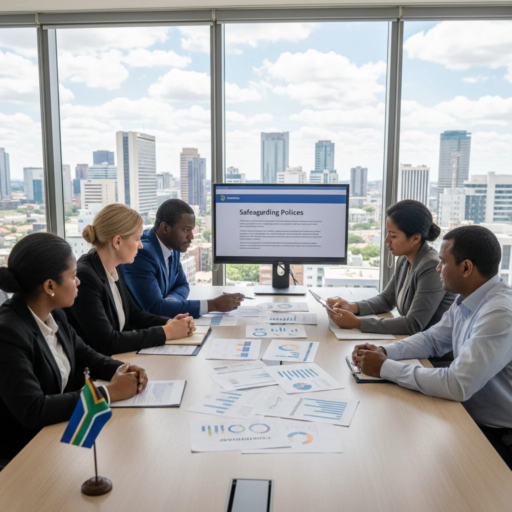 A photorealistic image representing safeguarding policies in South Africa, showing a diverse group of professionals in a professional setting, such as a meeting room or office, discussing compliance and best practices. The scene conveys safety, protection, and collaboration among adults, with South African cultural elements like flags or landscapes in the background. No children are present in the image.