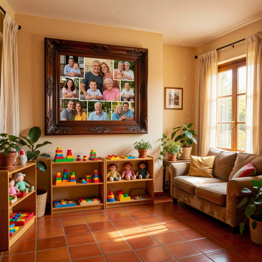 A photorealistic image representing the protection and safety of minors in Spain, focusing on symbolic elements like a secure family home environment or protective adults in a community setting, evoking trust, care, and legal safeguarding without depicting any children.