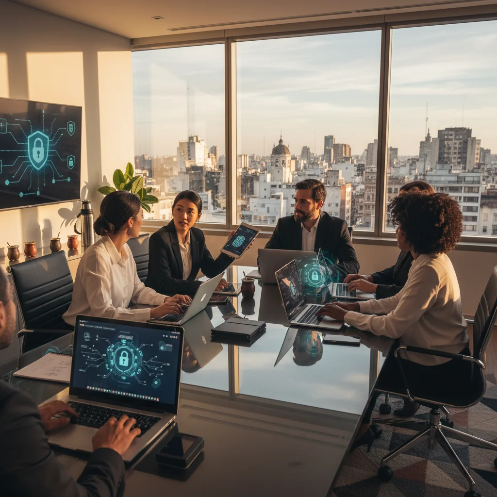 A photorealistic image of a professional business team in a modern Argentine office, collaboratively reviewing digital data protection strategies on laptops and tablets, symbolizing compliance with personal data regulations in Argentine companies. The scene conveys security, trust, and professionalism with adults only, no children present.