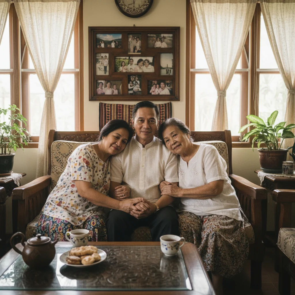 A photorealistic image representing child protection in the Philippines, showing a caring Filipino family with parents and a guardian figure in a safe home environment, symbolizing protection and safety without depicting any children.