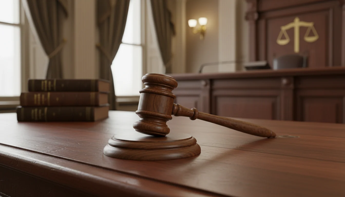 Gavel on wooden surface.