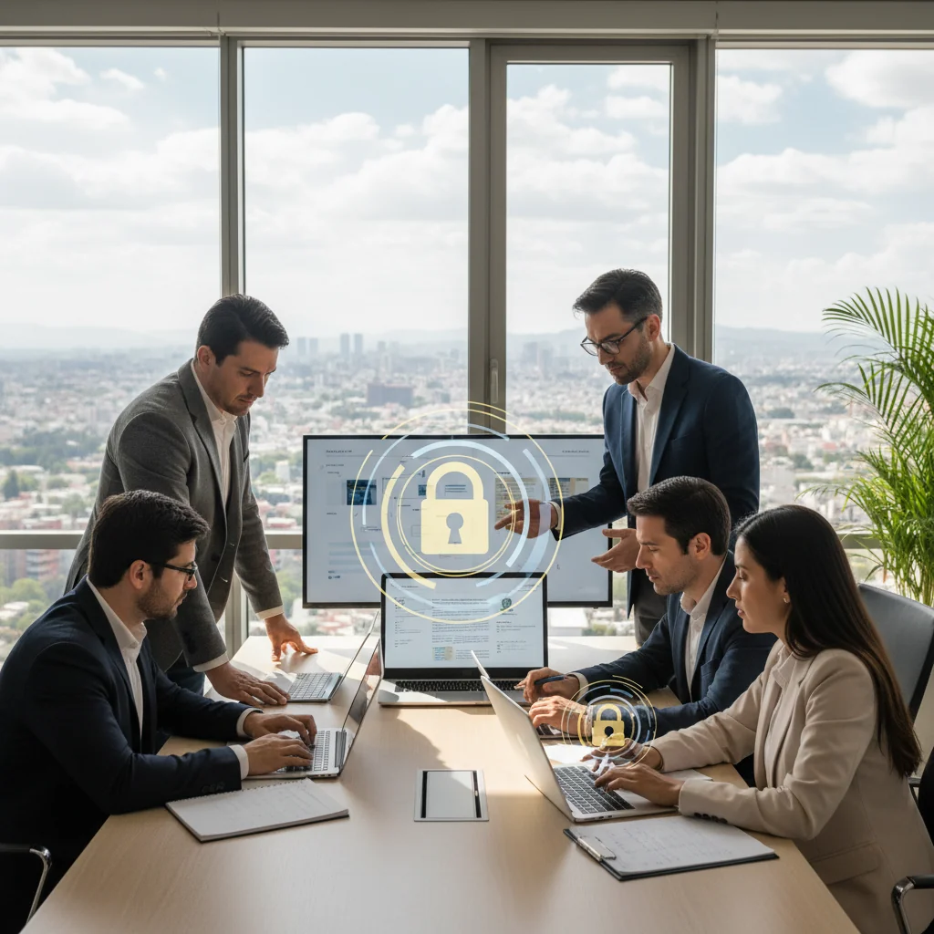 A photorealistic image depicting a professional business meeting in a modern Mexican office, where diverse adult professionals are discussing data protection strategies on laptops and tablets, symbolizing corporate responsibilities in personal data privacy, with elements like secure locks on digital screens and Mexican cultural touches in the background, no children present.