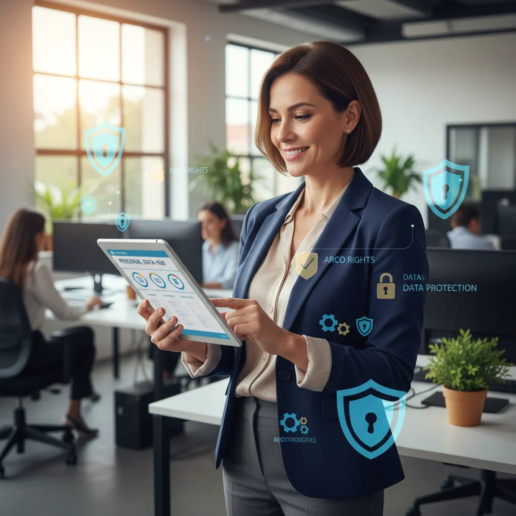 A photorealistic image of an empowered adult individual, such as a professional woman in a modern office setting, confidently reviewing personal data on a secure digital tablet, symbolizing the exercise of data protection rights like access, rectification, cancellation, and opposition under privacy laws, with subtle elements like locked icons or privacy shields in the background to represent data security, no children present, highly detailed and realistic photography style.