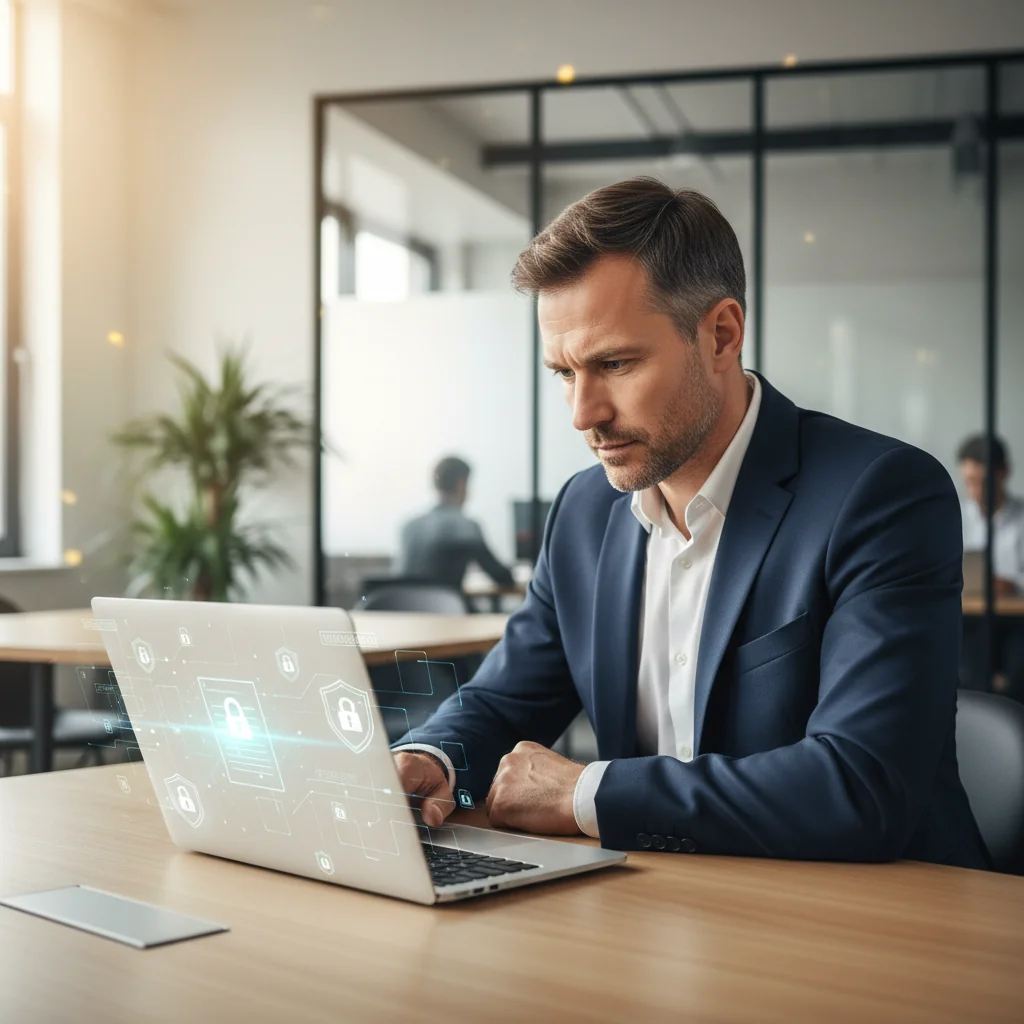 A professional office setting where a business person is carefully reviewing a protective policy document on a computer screen, symbolizing the creation of a legally secure protection guideline, with a modern office environment in the background, emphasizing security and compliance without showing any legal papers directly.