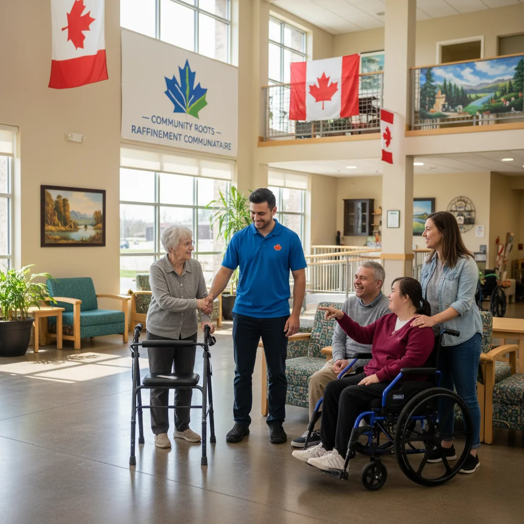 A photorealistic image depicting compassionate support for vulnerable adults in Canada, such as elderly people and individuals with disabilities receiving care from diverse caregivers in a safe community setting, symbolizing protection and safeguarding policies without showing any children.