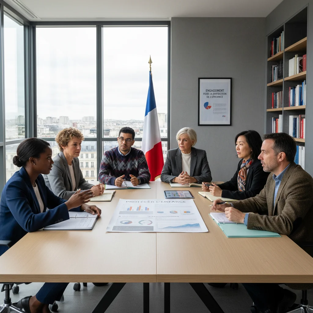 A photorealistic image symbolizing child protection policy in France, depicting a diverse group of concerned adults such as social workers, educators, and policymakers in a professional meeting room, discussing strategies with charts and maps on the table, emphasizing safety and support without any children present.
