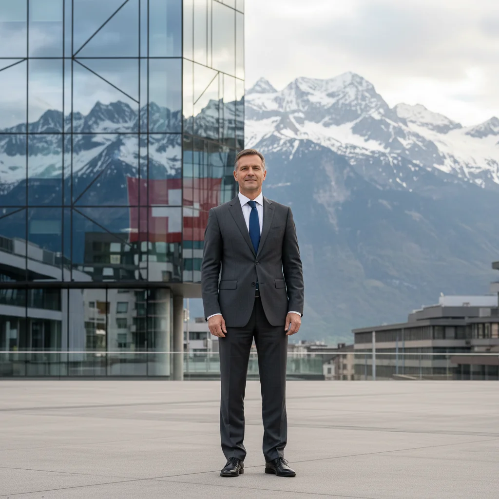 A photorealistic image symbolizing legal protection and privacy guidelines in Switzerland, featuring a professional adult person standing confidently in front of a modern Swiss office building with the Swiss flag subtly in the background, evoking security and compliance without showing any documents.