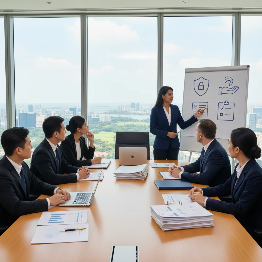 A photorealistic image depicting a diverse group of adults in a professional meeting room in Singapore, discussing safeguarding policies with focused expressions, surrounded by modern office elements like a whiteboard with abstract icons representing protection and guidelines, evoking trust, safety, and collaboration in a workplace setting. No children are present in the image.