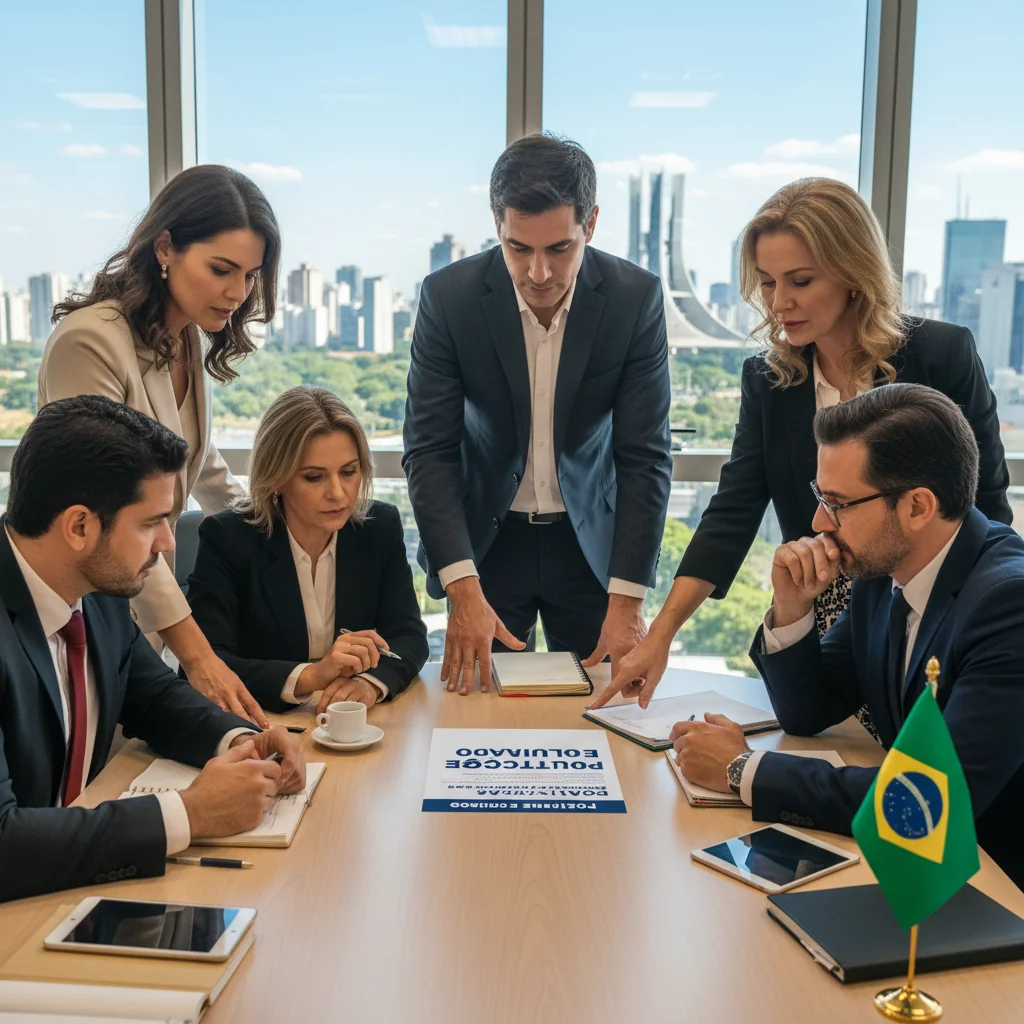 A photorealistic image depicting a diverse group of Brazilian professionals in a modern office setting in Brazil, collaboratively reviewing a policy document on a table, symbolizing protection and safeguarding in a professional context. The scene includes elements like Brazilian flags or landmarks in the background to localize it, with a focus on teamwork and security, ensuring no children are present.