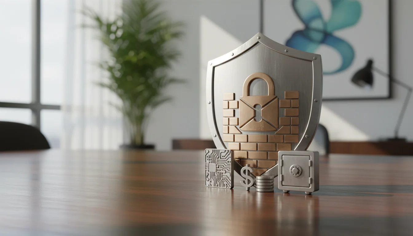 Shield icon guarding abstract assets.