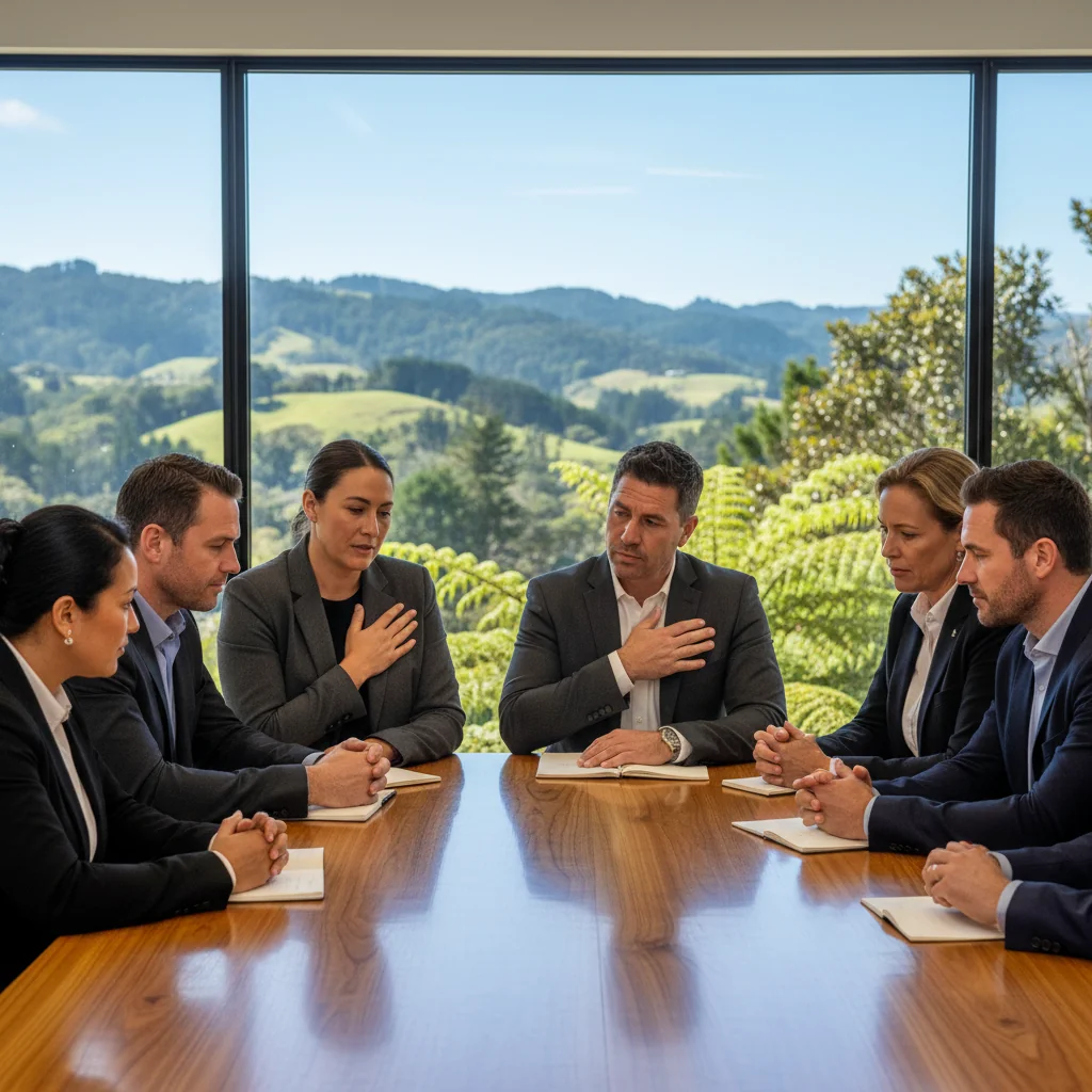 A photorealistic image symbolizing safeguarding and protection in New Zealand, featuring a diverse group of adults in a professional setting, such as counselors or community workers, engaging in a supportive discussion around a table in a modern office with subtle New Zealand landscape elements in the background, conveying trust, safety, and guidance without any focus on legal documents or children.
