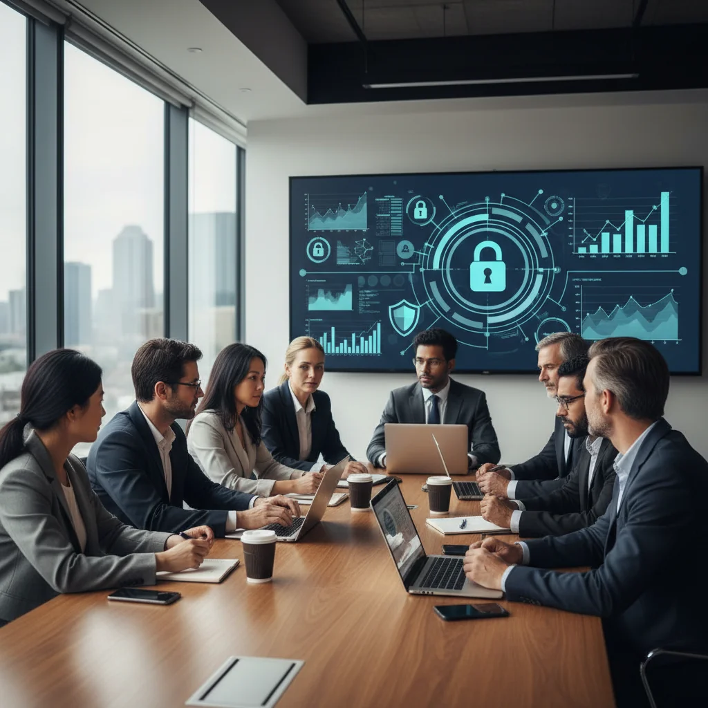 A professional office setting where a diverse group of adults is collaborating on data privacy discussions, symbolizing the creation of a GDPR-compliant privacy policy, with elements like secure locks on digital files and confidential documents being reviewed.