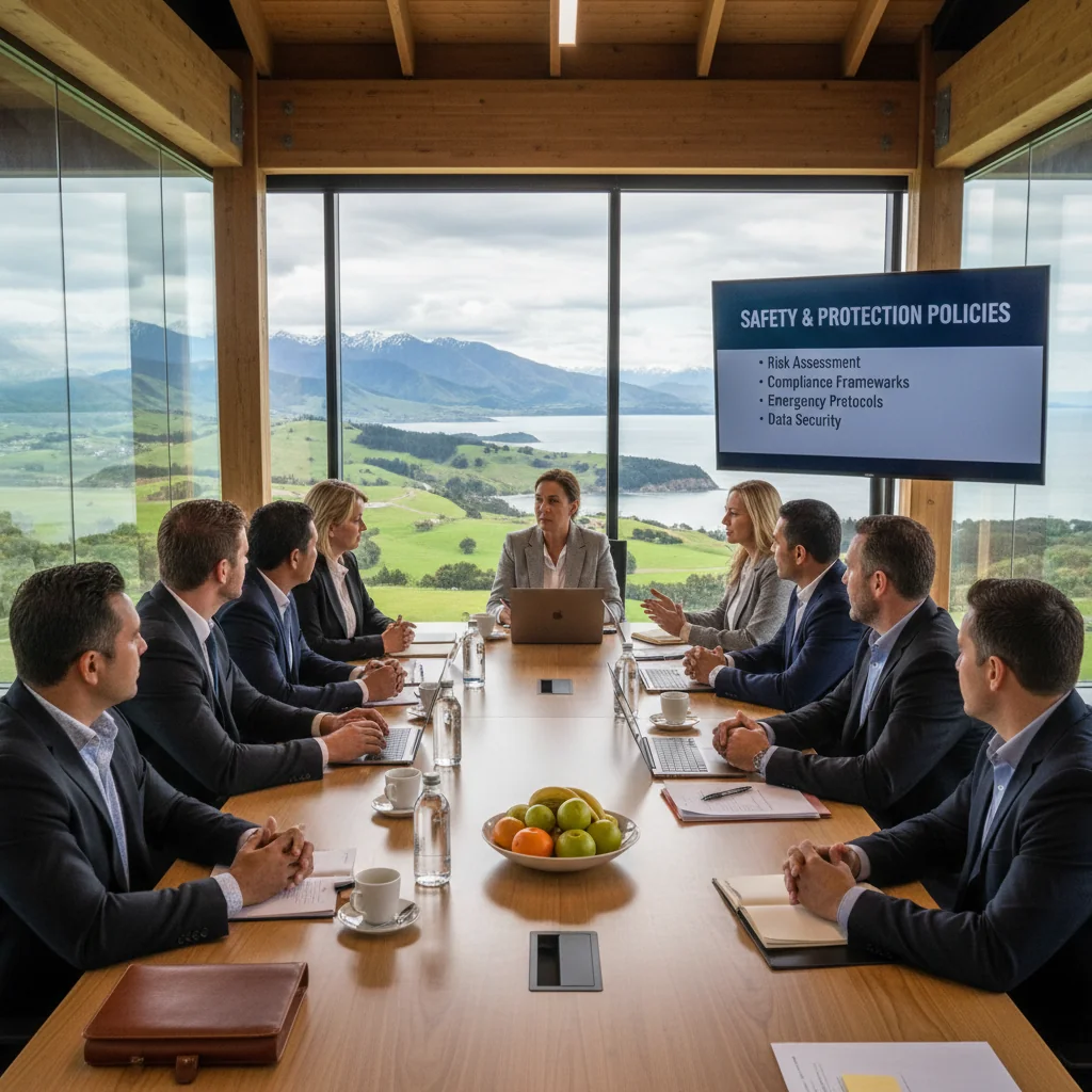 A photorealistic image representing safeguarding and protection in a professional New Zealand context, such as a diverse group of adults in a modern office setting discussing safety protocols, with subtle New Zealand landscape elements in the background, emphasizing security and compliance without focusing on legal documents.