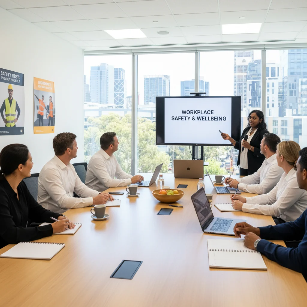 A photorealistic image of a diverse group of professionals in an Australian workplace setting, such as an office or corporate environment, engaged in a training session or discussion about workplace safety policies. The focus is on adults collaborating positively, symbolizing the implementation of effective safety measures. No children are present in the image.