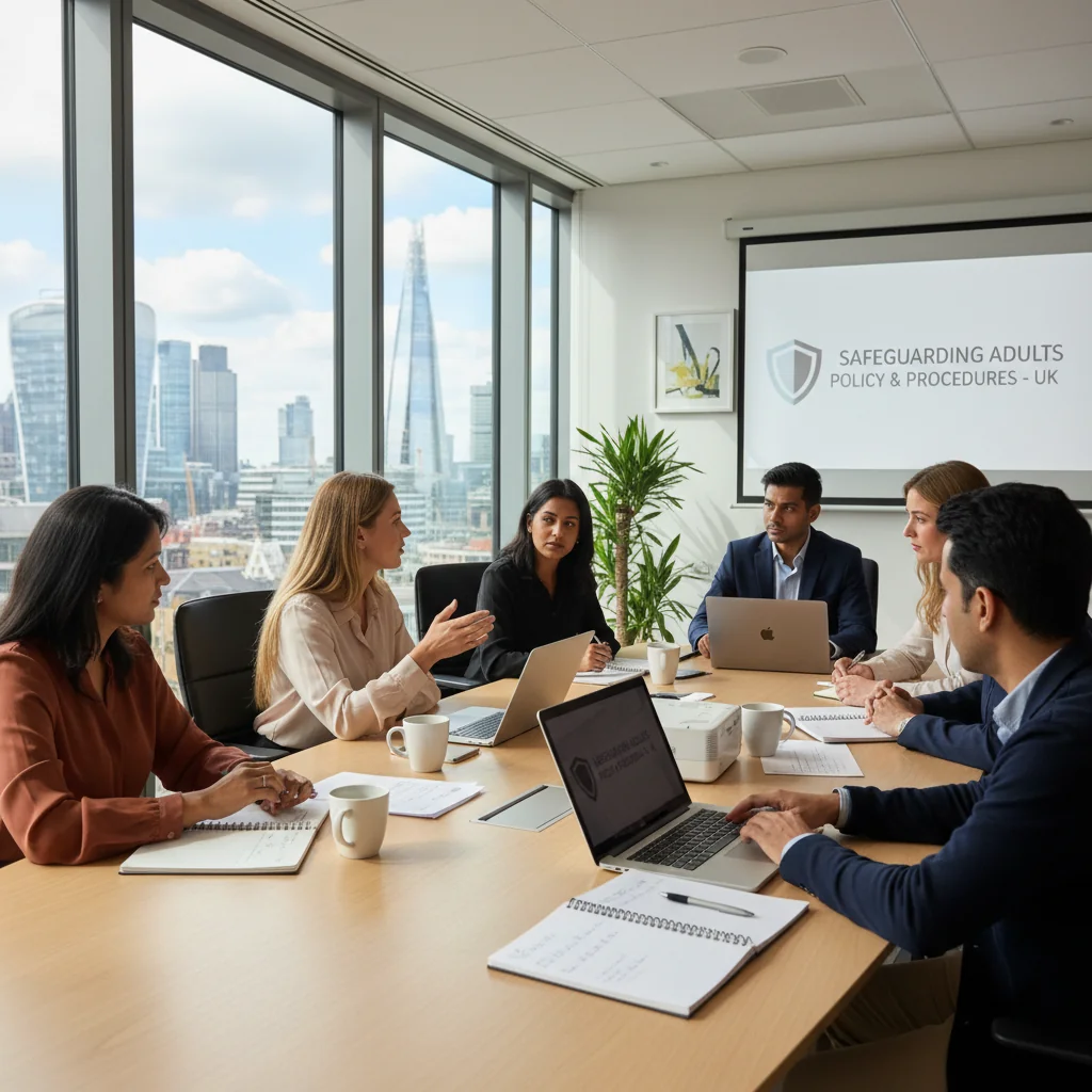 A photorealistic image of a diverse group of professionals in a modern UK office setting, engaged in a safeguarding training session. They are adults discussing policies around a conference table with laptops and documents, symbolizing the implementation of effective safeguarding measures in organizations. The atmosphere is professional and collaborative, emphasizing protection and safety without any focus on legal documents themselves.