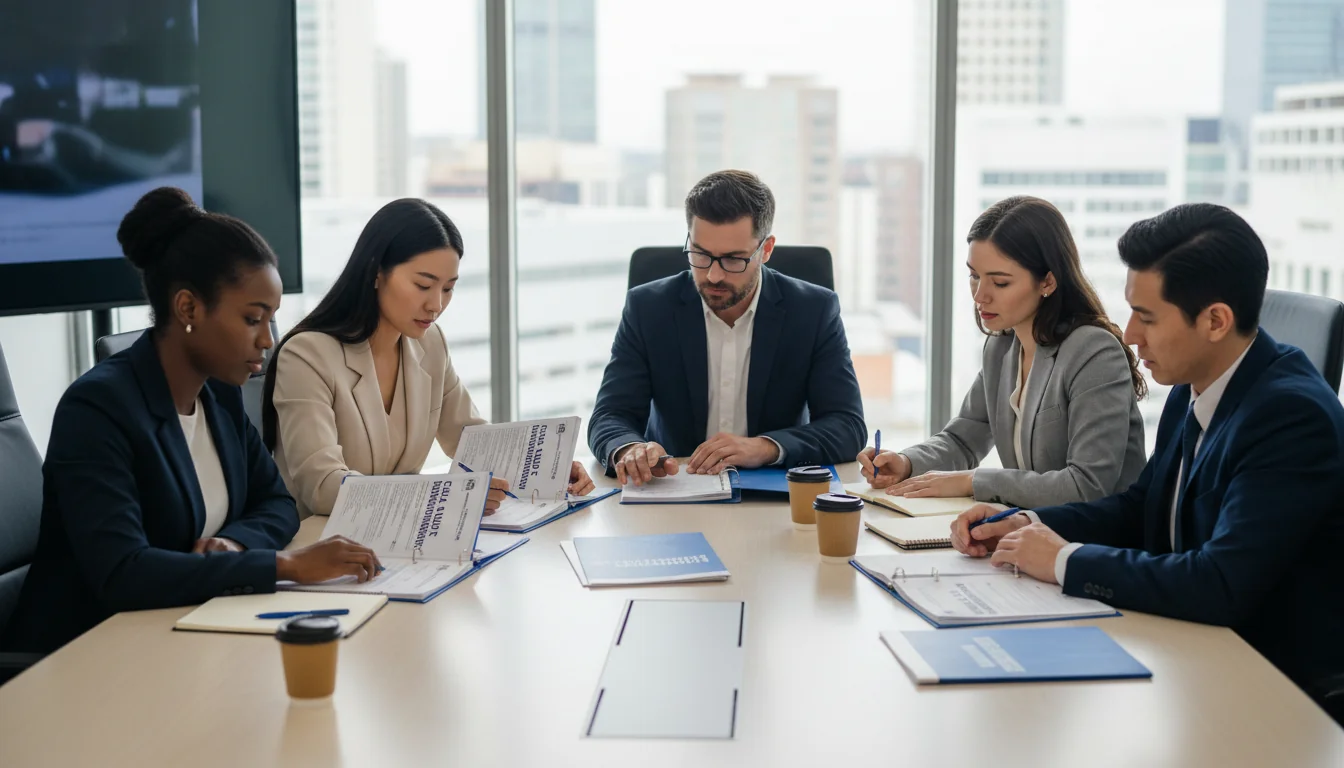 Team reviewing safeguarding policies.