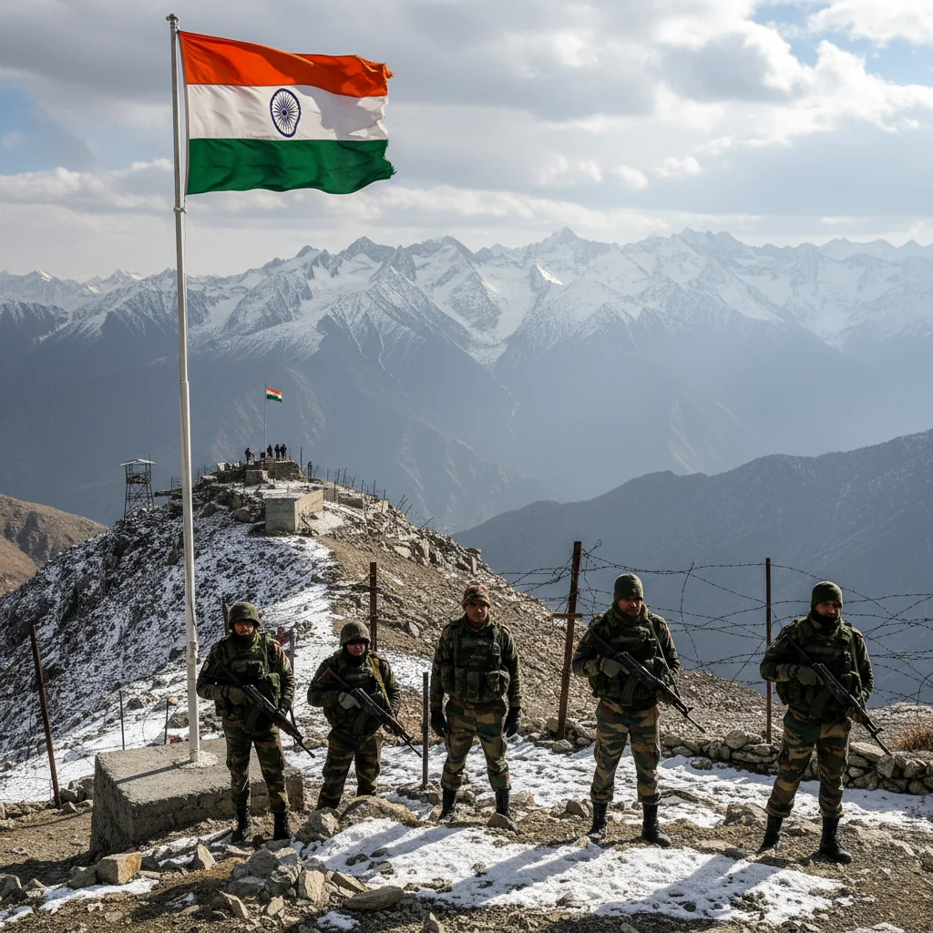 A photorealistic hero image representing the major components of Indian security policy, featuring a diverse group of adult Indian military personnel and security forces in action, such as soldiers patrolling a border area with the Indian flag in the background, symbolizing national defense and security strategies, no children present.