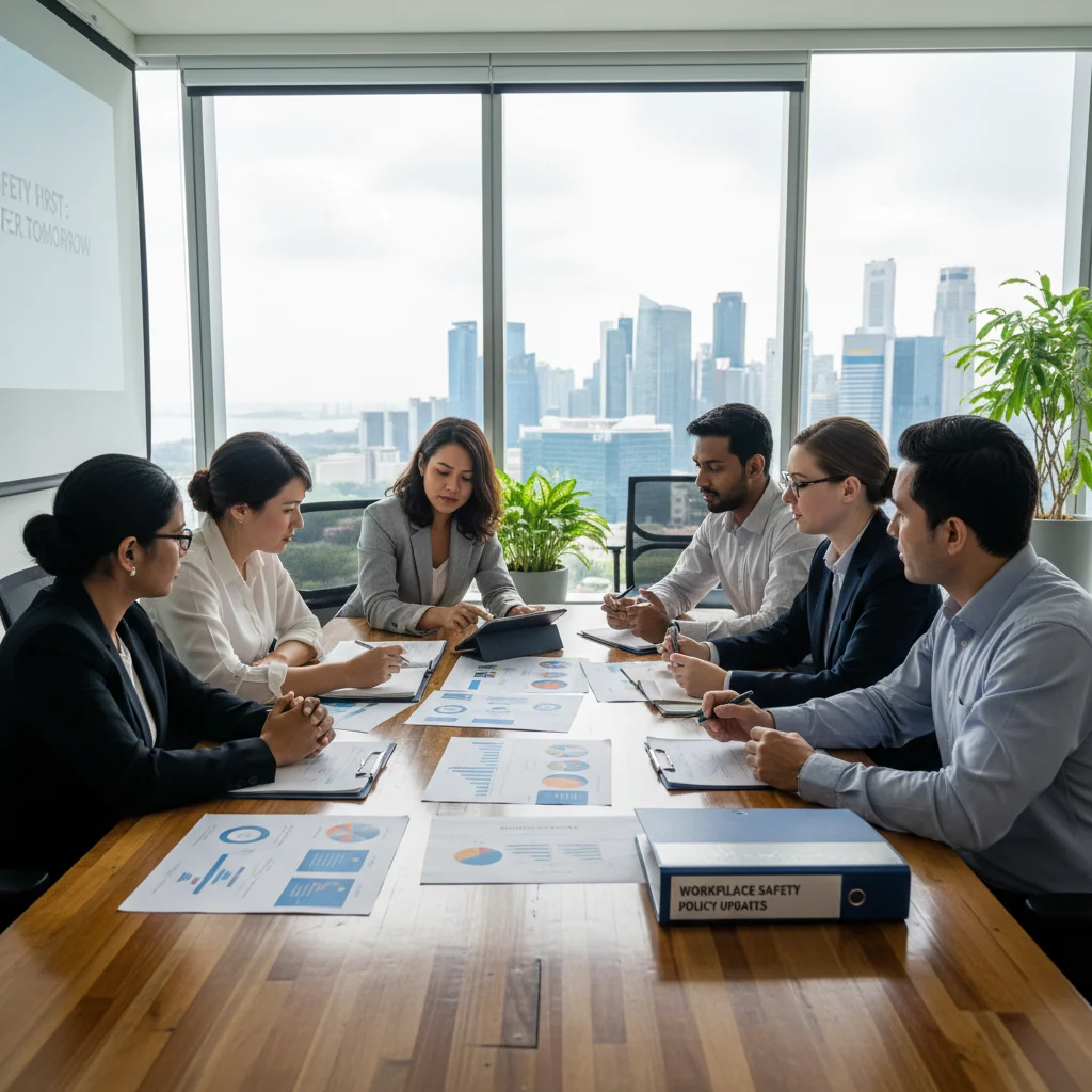 A photorealistic image representing safeguarding and protection in a professional Singaporean context, such as a diverse group of adults in a modern office or community center discussing safety protocols, with subtle Singaporean elements like city skyline in the background, emphasizing security and care without any depiction of children.
