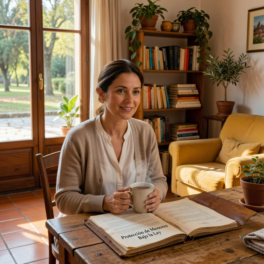 A photorealistic image symbolizing the protection and rights of minors under Spanish law, featuring a caring adult guardian in a modern Spanish setting, such as a park or home, representing safety and support without showing any children.