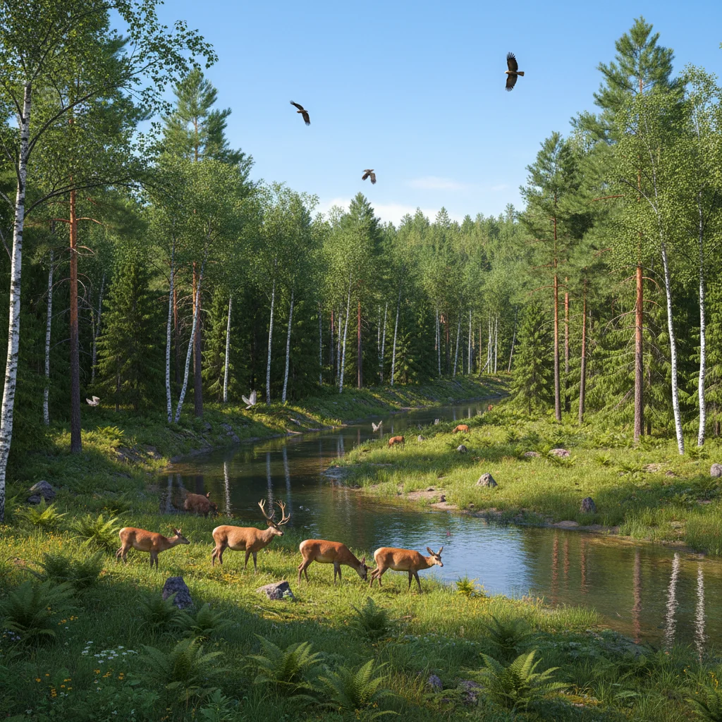 A photorealistic image of a pristine Russian forest with tall birch trees, a clear flowing river, and diverse wildlife like birds and deer in the background, under a bright blue sky, symbolizing environmental protection and conservation efforts in Russia. No people or children are present.