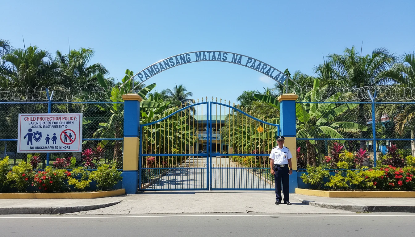 Secure school entrance with safety signage