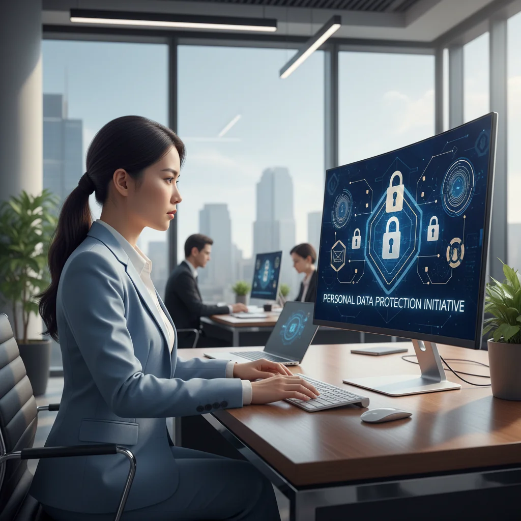 A photorealistic image depicting a professional adult Vietnamese woman in a modern office setting, confidently reviewing digital data on a secure computer screen, symbolizing the protection of personal data privacy in Vietnam. The atmosphere is secure and trustworthy, with subtle Vietnamese cultural elements like a flag in the background, no children present.