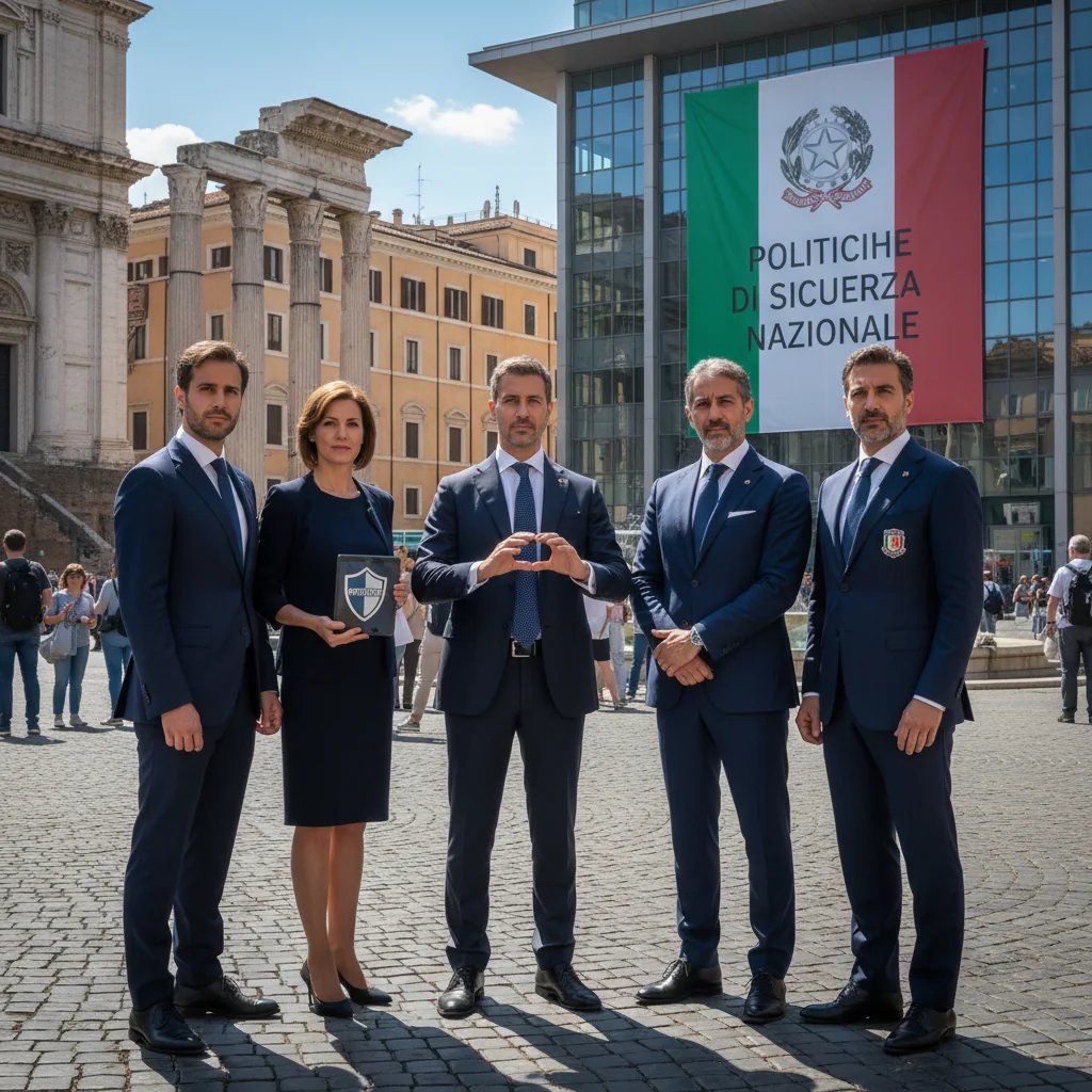 A photorealistic image symbolizing protection and security in the context of Italian policy, featuring a diverse group of adults standing together in a modern Italian urban setting like Rome, with subtle elements of safeguarding such as a protective shield overlay or safe borders, conveying unity and national security without focusing on documents.