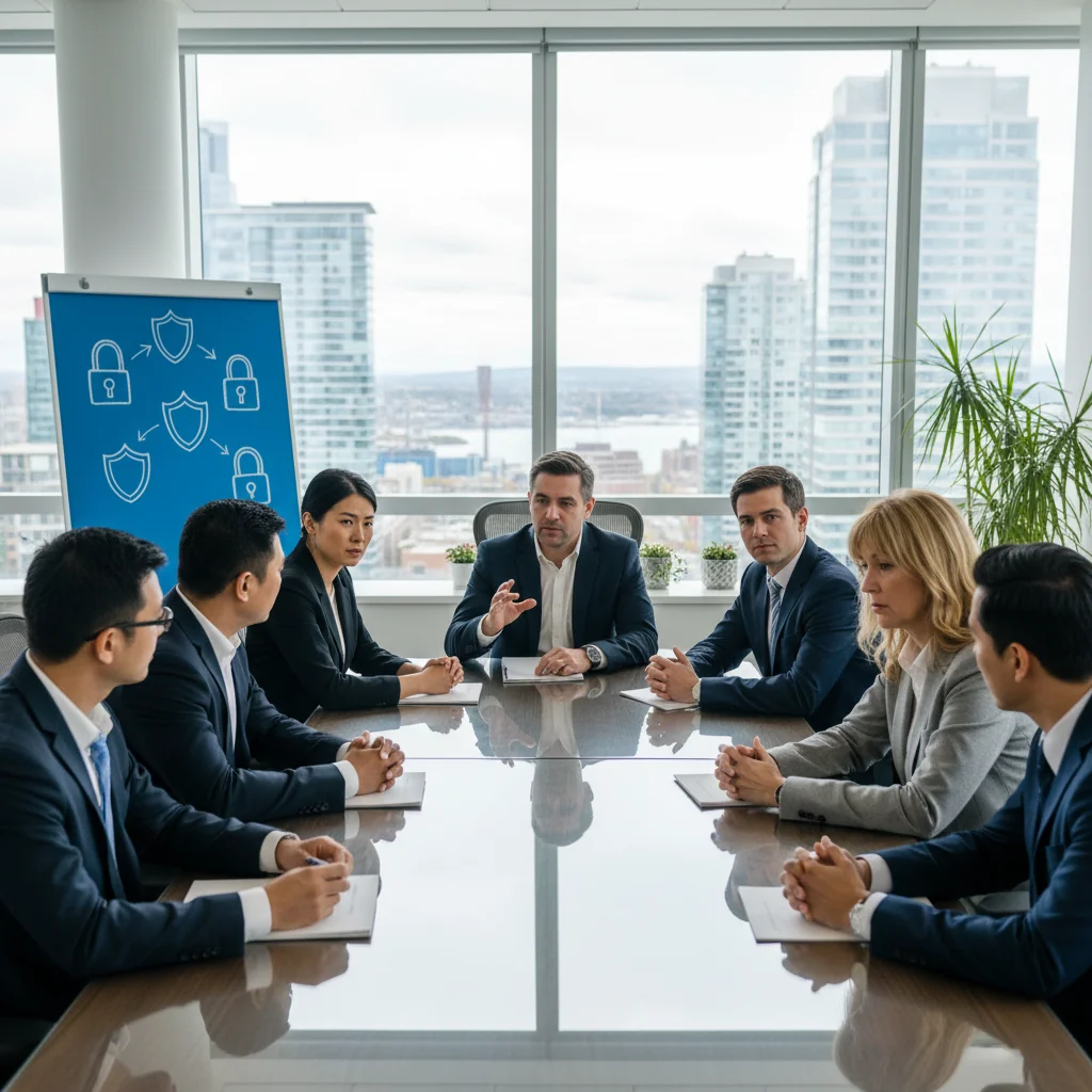 A photorealistic image depicting a diverse group of Canadian professionals in a modern office setting, engaged in a safeguarding training session. They are adults discussing safety protocols around a conference table, with elements like a whiteboard showing abstract icons for protection and security, emphasizing organizational safety without any focus on legal documents. The scene conveys trust, collaboration, and protection in a workplace environment.