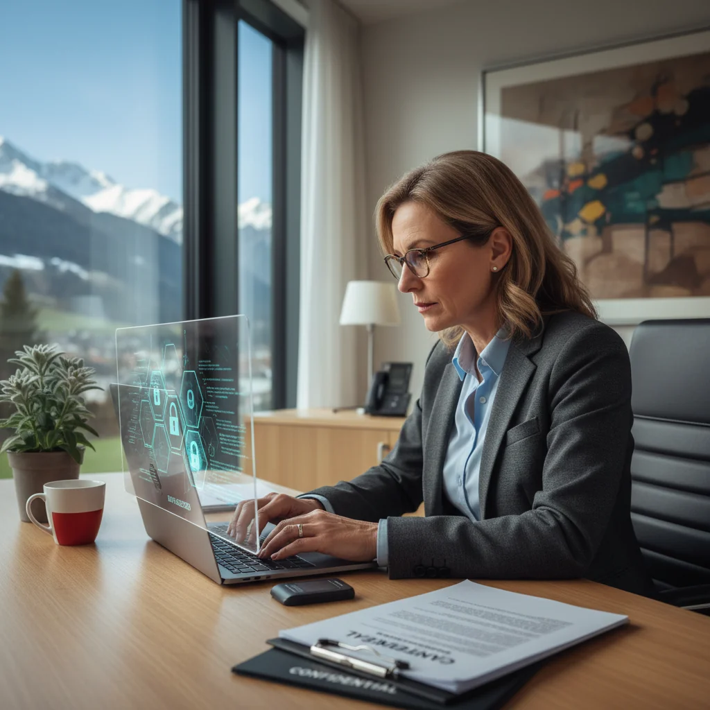 A photorealistic image depicting a professional adult person in an Austrian office setting, symbolizing data privacy and protection. The individual is seated at a modern desk with a computer, reviewing secure digital files, surrounded by subtle elements like a locked padlock icon on the screen and Austrian flag in the background, conveying trust and compliance without showing any legal documents.