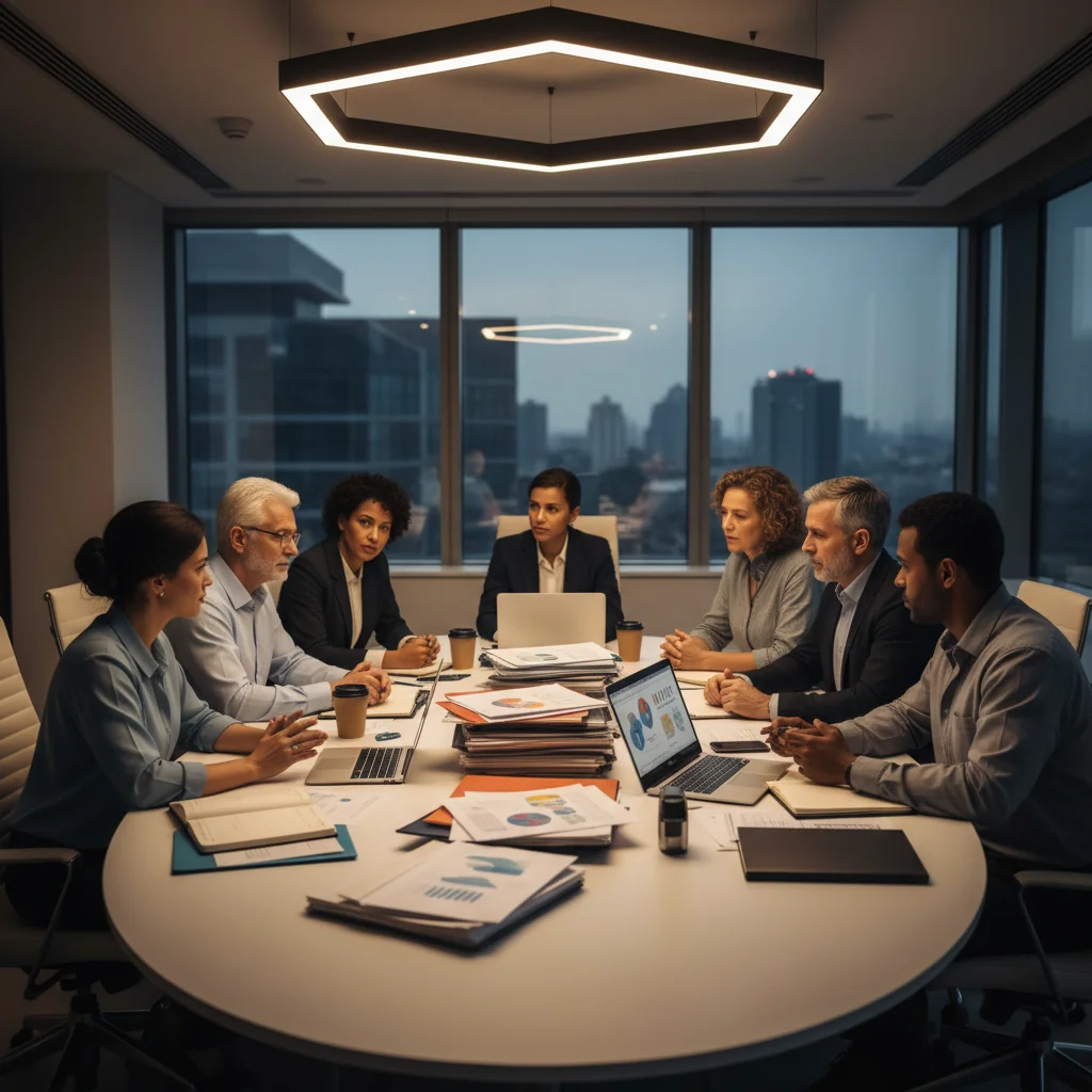 A photorealistic image symbolizing the protection of minors through institutional roles, featuring a group of concerned adults such as social workers, educators, and guardians in a professional setting, discussing and collaborating to ensure safety and well-being, with elements like a modern office or community center in the background, evoking trust, responsibility, and care without any depiction of children.