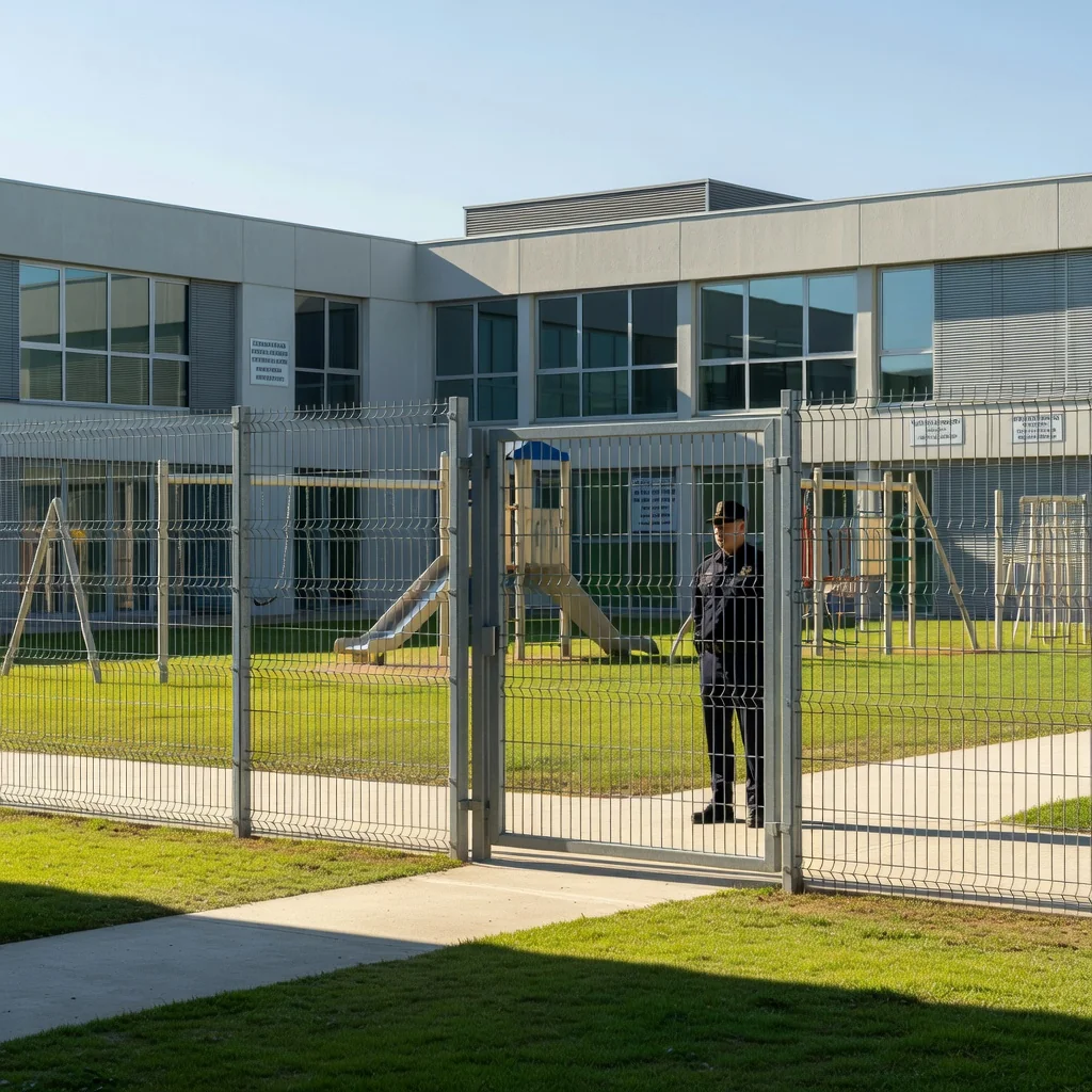 A photorealistic image depicting effective measures to protect children in the Spanish school environment, focusing on school safety elements such as secure fences around a school playground, vigilant security personnel patrolling the grounds, and safety signage on school buildings, evoking a sense of protection and care without showing any children.