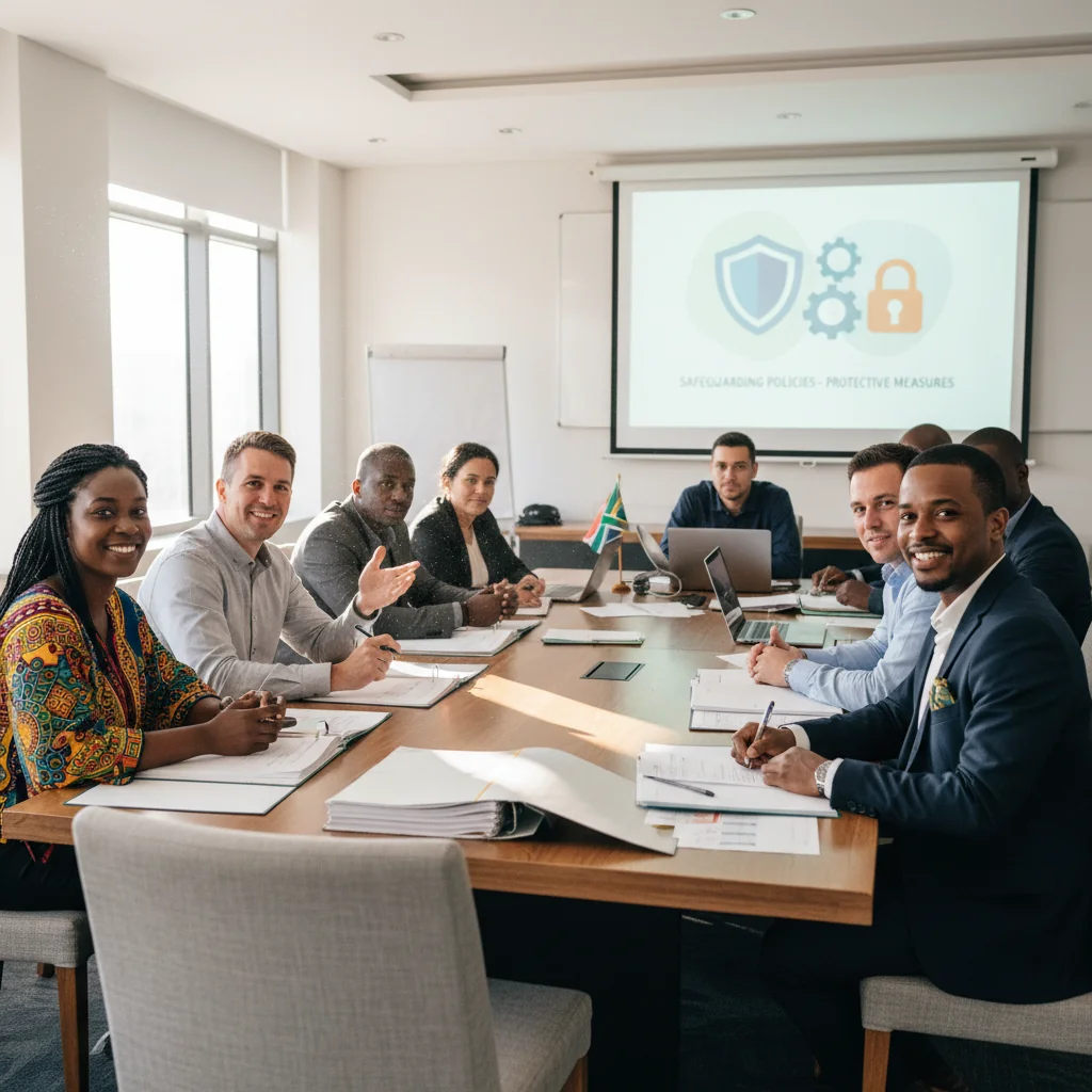 A photorealistic image depicting a diverse group of professional adults in a South African office setting, engaged in a safeguarding training session, reviewing guidelines on a whiteboard, symbolizing protection and safety in organizations, with South African cultural elements in the background like a flag or local artwork, conveying trust and security without showing any children.