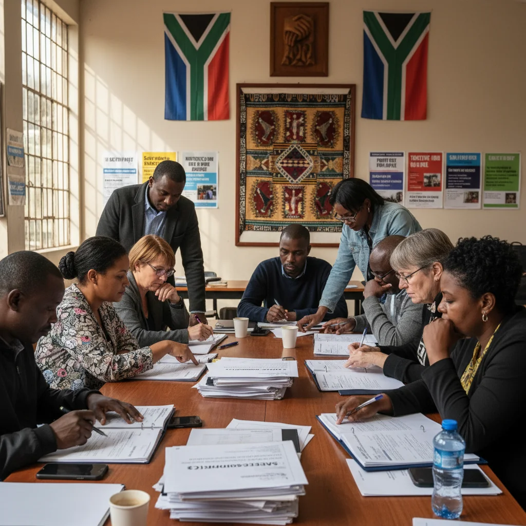 A photorealistic image depicting a diverse group of South African adults in a community meeting, discussing safeguarding policies with a sense of unity and protection, set against a backdrop of South African landmarks like Table Mountain, emphasizing safety and community welfare without any children present.