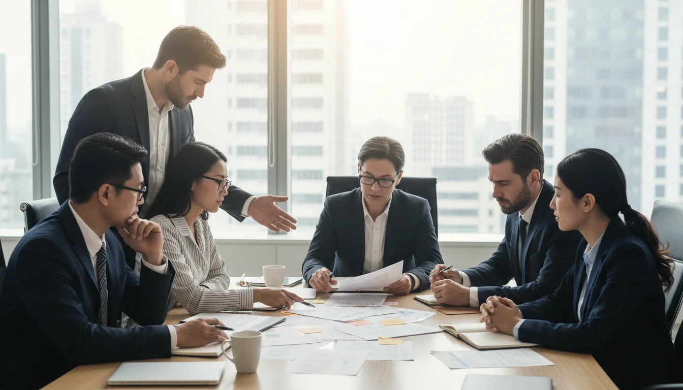 Diverse adults reviewing documents.