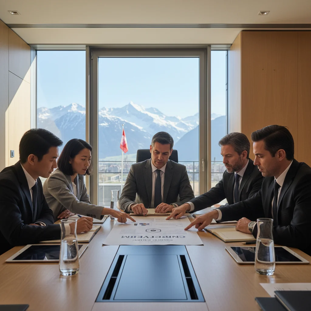 A photorealistic image of a professional business team in a modern Swiss office, collaboratively reviewing and discussing a protection policy document on a conference table, symbolizing effective corporate security and compliance in Switzerland, with elements like the Swiss flag or Alps in the background for context.