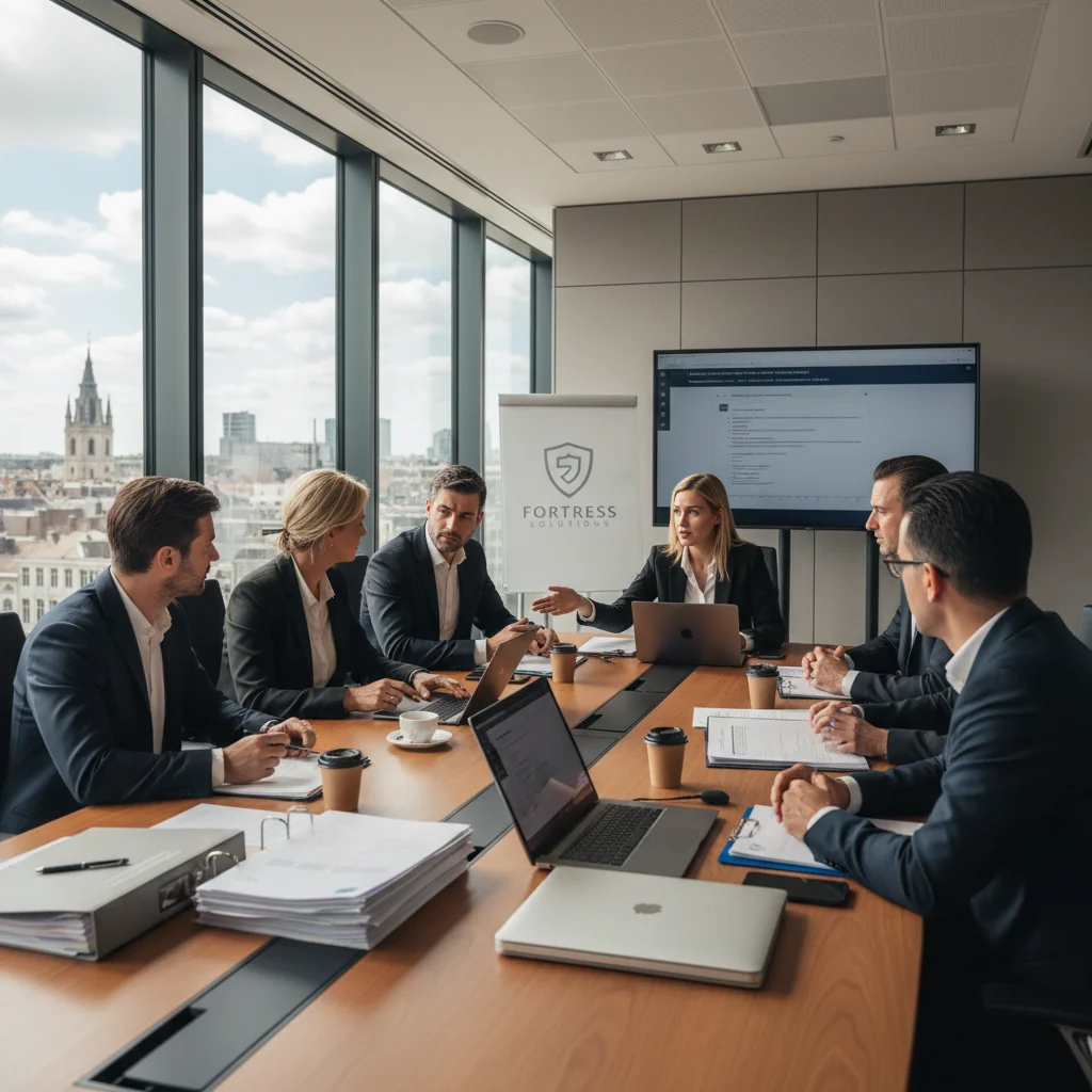 A photorealistic image of a professional business meeting in a modern Belgian corporate office, featuring diverse adult professionals discussing protection policies around a conference table with Belgian flag elements in the background, symbolizing legal obligations and workplace safety.