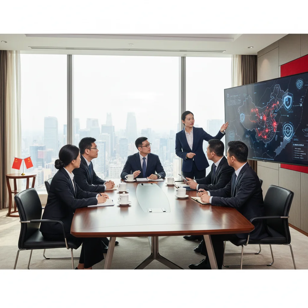 A photorealistic hero image depicting a diverse group of professional adults in a modern conference room in Beijing, China, engaged in a serious discussion about national security strategy. They are pointing at a digital map of China on a large screen showing strategic borders and defense icons, symbolizing policy analysis and assurance. The atmosphere is focused and collaborative, with elements like Chinese flags and subtle security symbols in the background, evoking themes of safety, policy, and national protection. No children are present in the image.