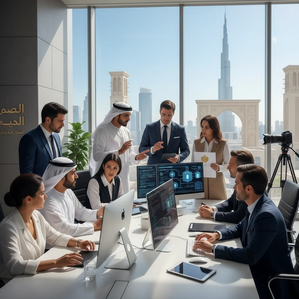 A photorealistic image of a diverse group of adult professionals in a modern UAE office setting, engaged in a discussion about implementing protective policies, symbolizing security and compliance in Emirati institutions. The scene includes elements like secure data systems, team collaboration, and UAE cultural motifs in the background, conveying protection and professionalism without showing any children or legal documents.