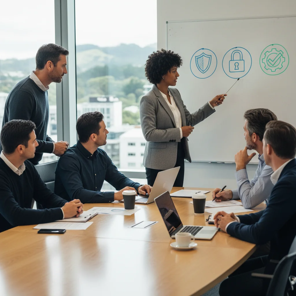 A photorealistic image of a diverse group of adult professionals in a modern New Zealand workplace, engaged in a team meeting discussing safeguarding policies, with elements like a whiteboard showing icons of security and protection, emphasizing safety and compliance in a professional setting. No children are present in the image.