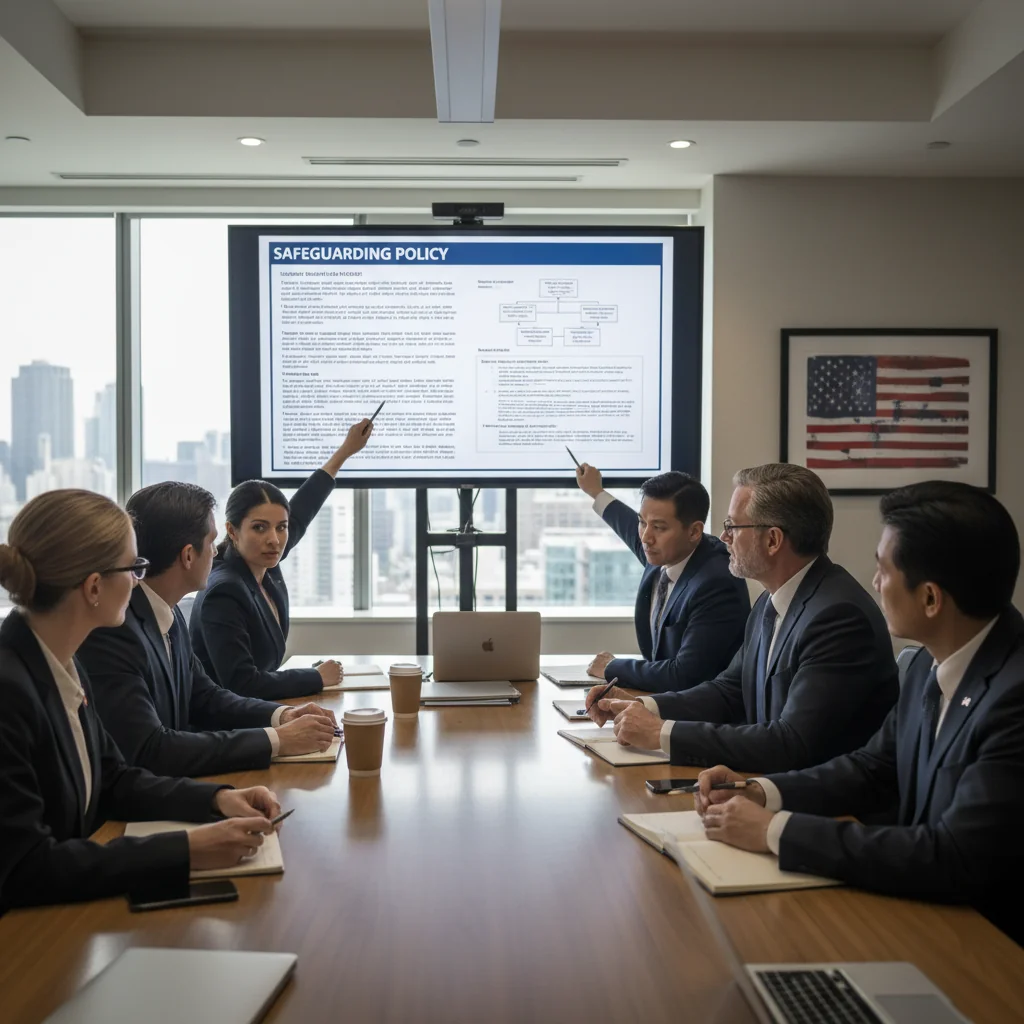 A photorealistic image depicting a diverse group of adults in a professional office setting, engaged in a serious discussion about safety protocols, symbolizing the protection and safeguarding principles outlined in US policies. The scene includes adults reviewing guidelines on a whiteboard, with expressions of focus and responsibility, conveying trust and security without any reference to vulnerable groups.