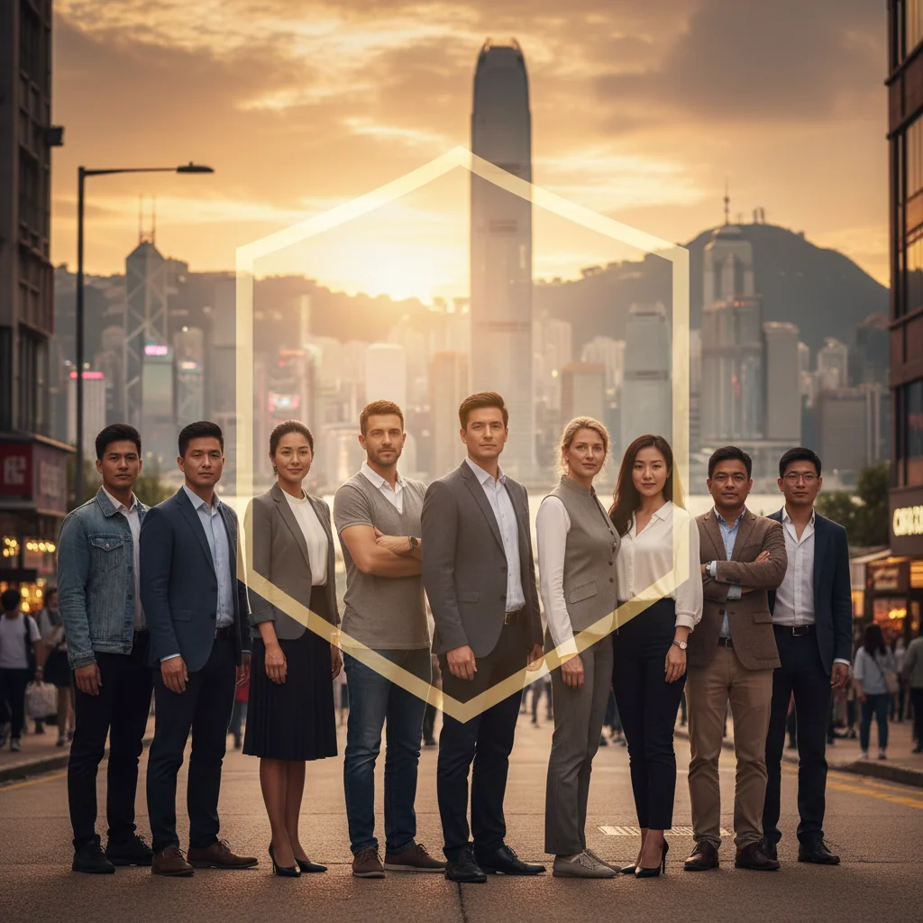 A photorealistic image depicting a diverse group of adults in Hong Kong, standing confidently on a modern urban street with iconic skyline in the background, symbolizing protection and assurance of rights through policy. They appear empowered and secure, with subtle elements like a shield motif integrated into the environment, no children present, no legal documents visible.