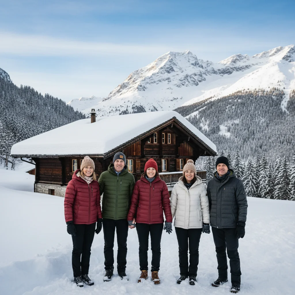 A photorealistic image symbolizing protection and security in the context of Swiss policies, featuring a sturdy Swiss chalet nestled in the snowy Alps with a family of adults standing safely outside, evoking a sense of safeguarded homeland and national security, no children present.