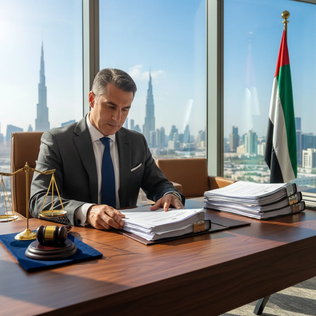 A photorealistic image of a professional legal advisor in a modern UAE office, reviewing protective legal documents on a desk with UAE flag and skyline in the background, symbolizing policy protection and legal security in the United Arab Emirates. No children present.