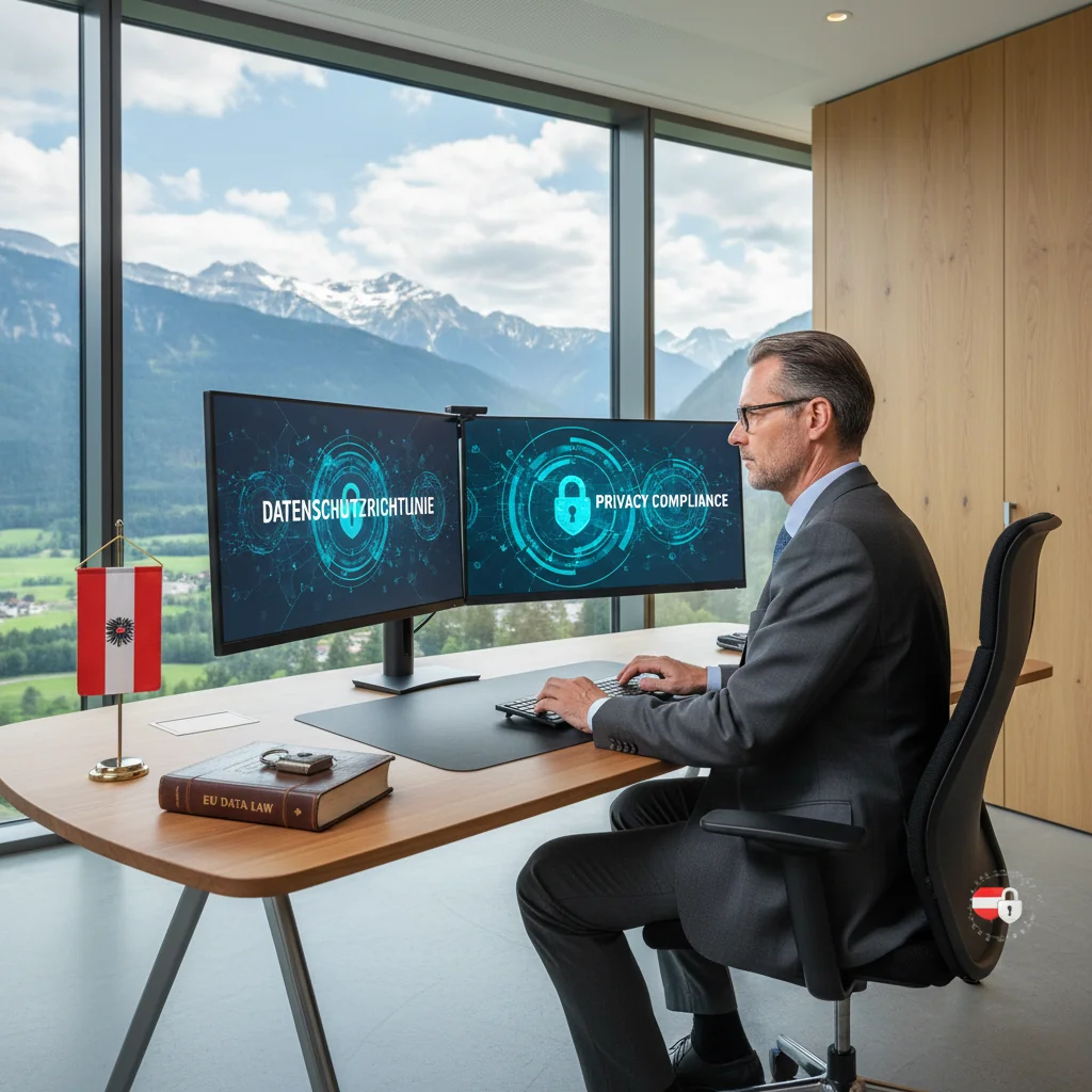 A photorealistic image representing data protection and privacy in Austria, featuring a professional adult in a modern Austrian office setting, safeguarding digital information with secure locks on computer screens and confidential files, evoking trust and compliance without showing any legal documents directly.