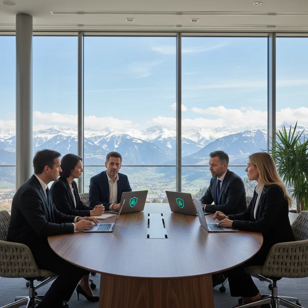 A professional scene in Switzerland representing data protection and privacy policies, featuring a diverse group of adults in a modern office discussing compliance, with Swiss Alps visible through the window, symbolizing secure handling of personal information.