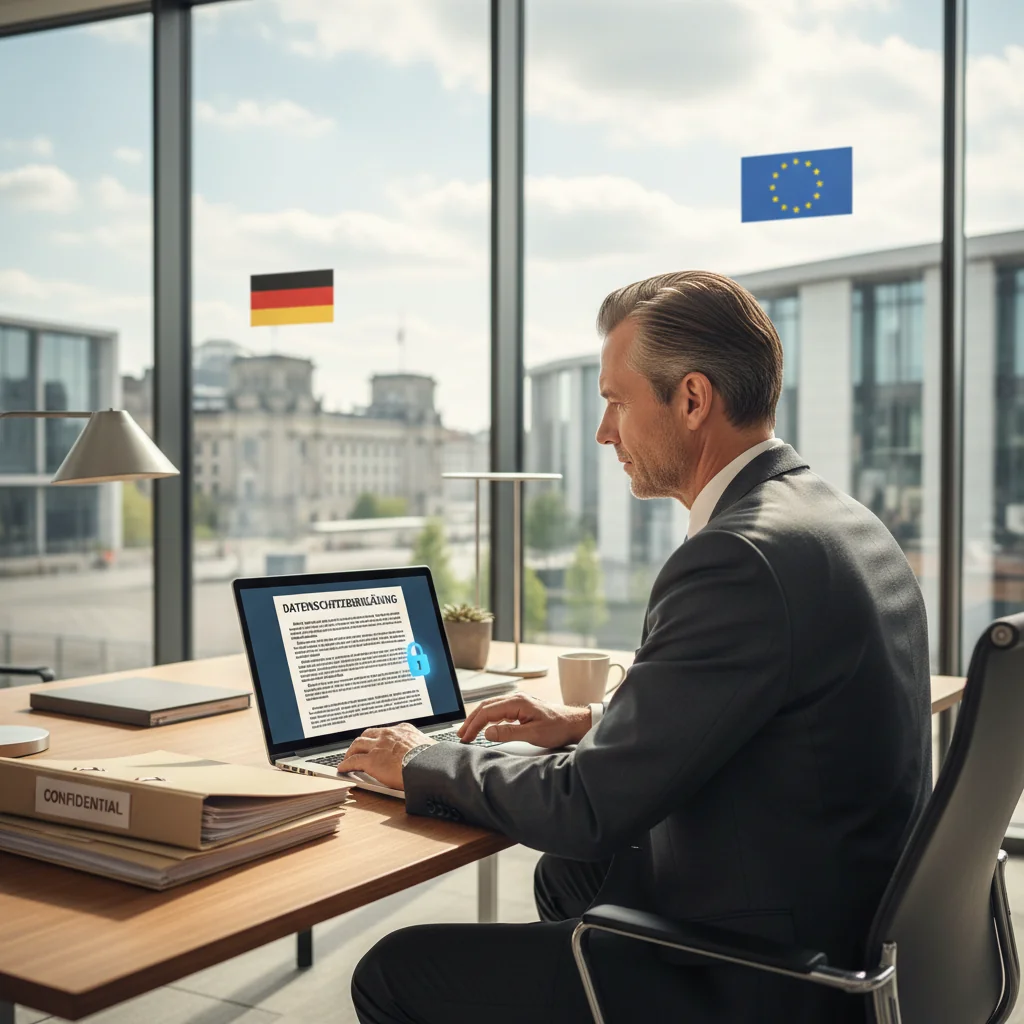 A professional German office setting with an adult businessperson reviewing a privacy policy document on a computer screen, surrounded by symbols of data protection like locked folders and EU flags, emphasizing legal compliance and security in a modern workspace. No children present.