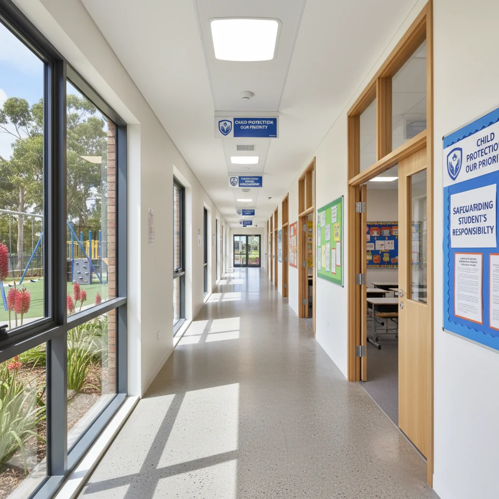 A photorealistic image depicting a safe and nurturing environment in an Australian educational or community setting, emphasizing child safety without showing any children. It features a bright, modern school hallway with safety posters on the walls, open doors to empty classrooms, and subtle Australian elements like eucalyptus trees visible through windows, conveying trust, protection, and policy adherence.