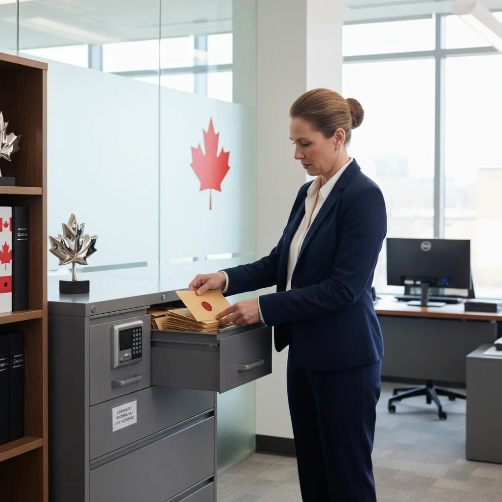 A photorealistic image representing the safeguarding of legal documents in a Canadian context, showing a professional adult in a secure office environment organizing confidential files, symbolizing protection and compliance without depicting any children or the documents themselves directly.