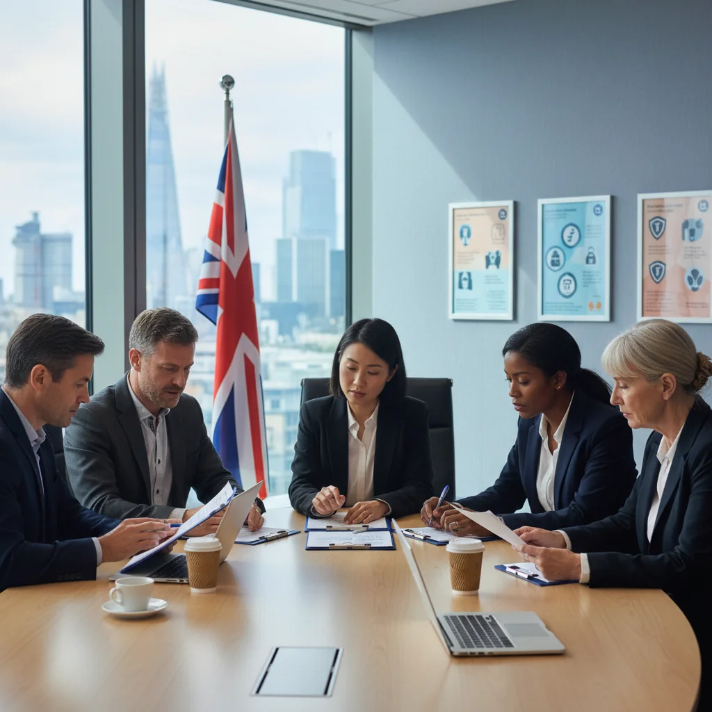 A photorealistic image of a diverse group of adults in a professional UK office setting, engaged in a safeguarding training session, reviewing policies on laptops and clipboards, with subtle Union Jack elements in the background to indicate the United Kingdom context, conveying safety, protection, and compliance without showing any children or legal documents.