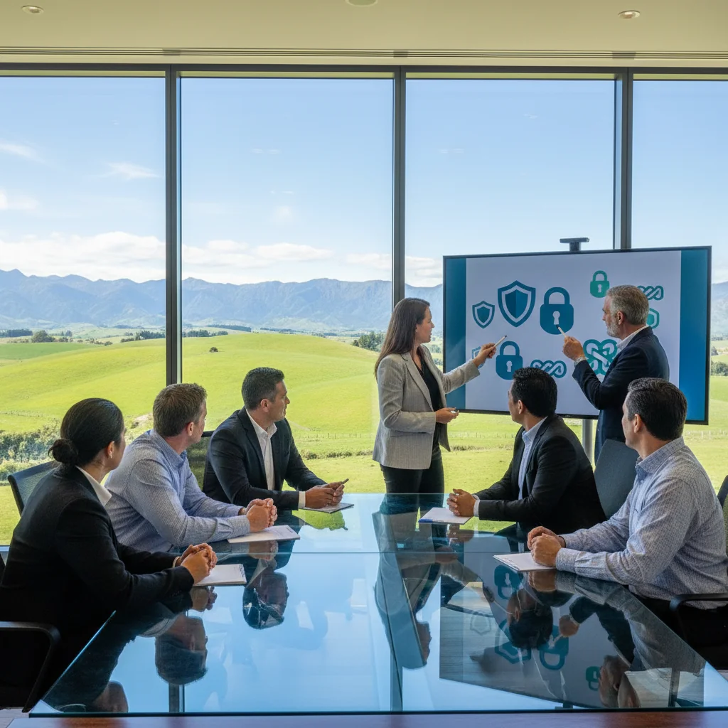 A photorealistic image symbolizing the protection and safeguarding of vulnerable individuals in New Zealand, featuring a diverse group of adults in a professional meeting room reviewing policy guidelines on a whiteboard, with scenic New Zealand landscape visible through a window, emphasizing safety and compliance without any depiction of children.